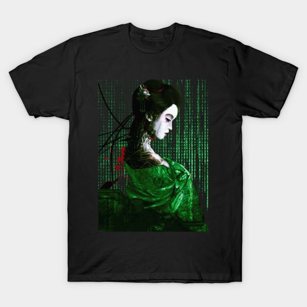 Cyborg Geisha Binary Code Matrix T-Shirt by OWLvision33